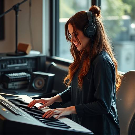 Foto de Isabela Souza, produtora musical, trabalhando em um teclado.