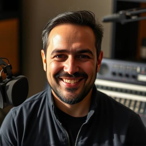 Foto de Ricardo Almeida, engenheiro de som, sorrindo para a câmera.